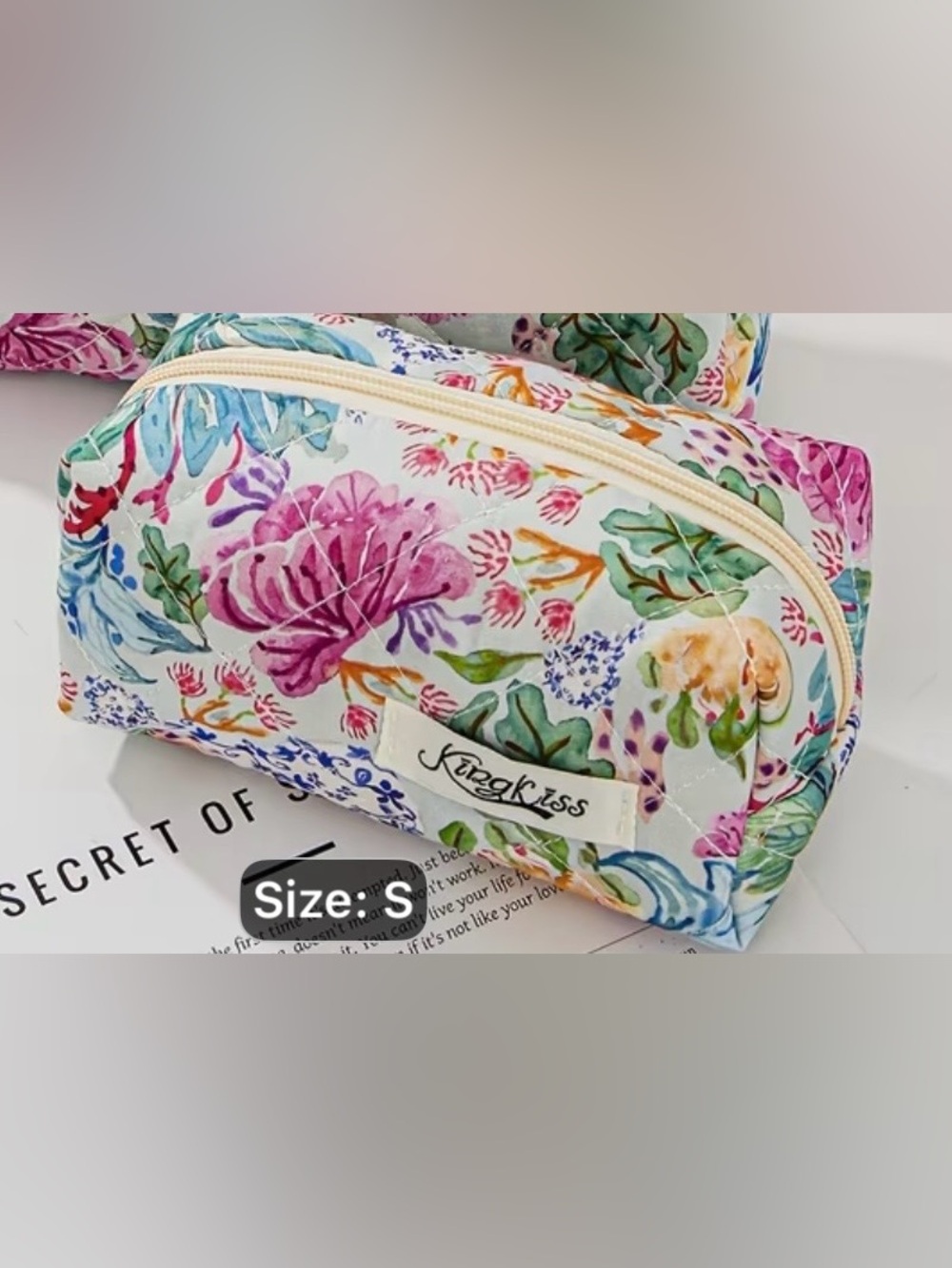 Floral Quilted Cosmetic Bag - Pink & Green - Picture 5 of 5